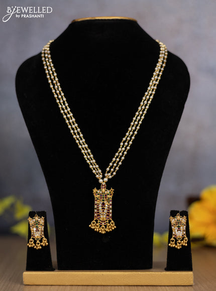 Pearl triple layer necklace tirupati balaji pendant with kemp & cz stones and golden beads hanging