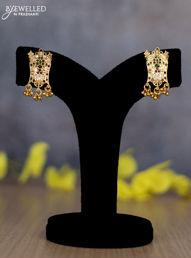 Pearl triple layer necklace tirupati balaji pendant with kemp & cz stones and golden beads hanging