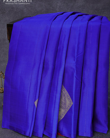 Pure kanjivaram silk saree blue and red with zari woven geometric buttas in borderless style