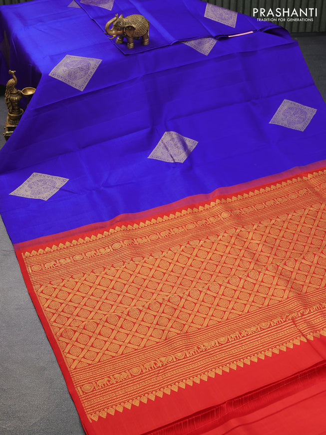 Pure kanjivaram silk saree blue and red with zari woven geometric buttas in borderless style