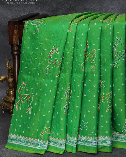 Silk saree green with allover bandhani prints & french knot work