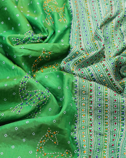 Silk saree green with allover bandhani prints & french knot work