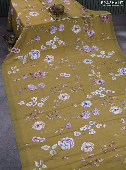 Pure crepe silk saree mehendi green with allover floral digital prints and simple border