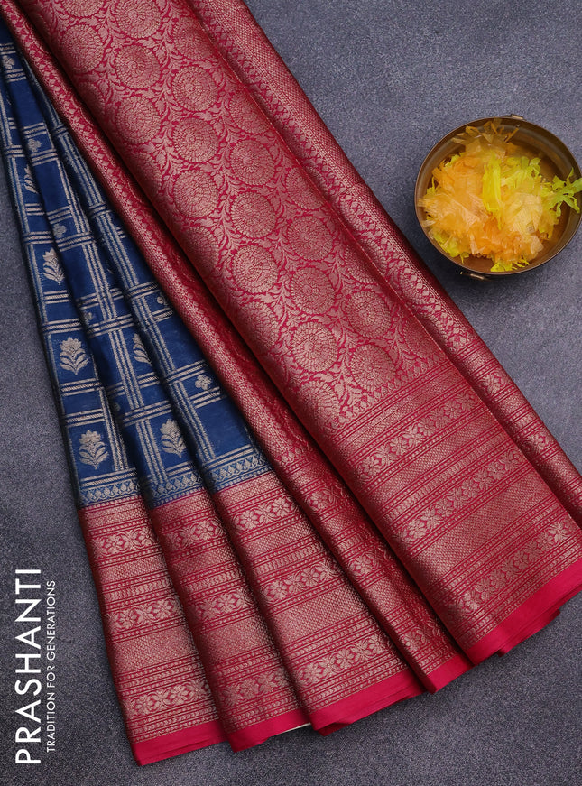 Semi banarasi silk saree dark peacock blue and pink with allover zari checkes & buttas and long zari woven border