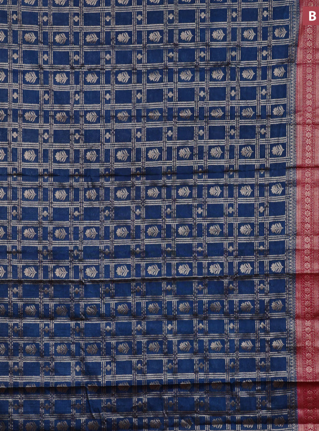 Semi banarasi silk saree dark peacock blue and pink with allover zari checkes & buttas and long zari woven border