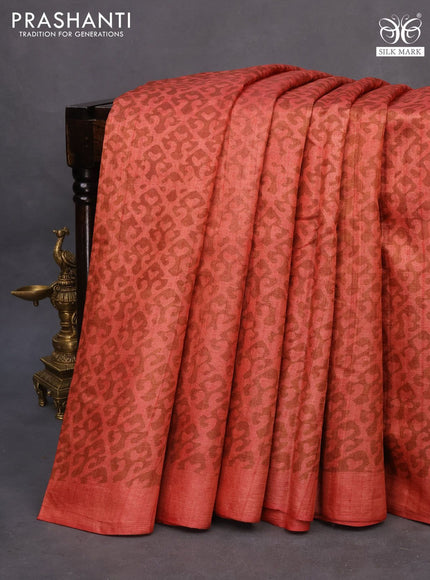Pure tussar silk saree peach shade and pastel brown with allover prints and simple border