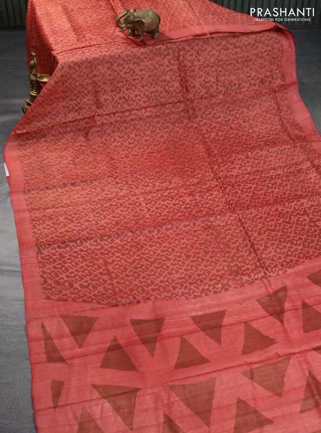Pure tussar silk saree peach shade and pastel brown with allover prints and simple border