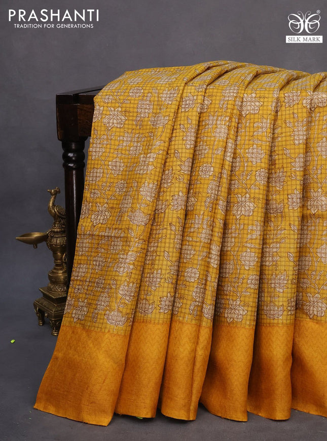Pure tussar silk saree mustard yellow with allover floral prints and printed border
