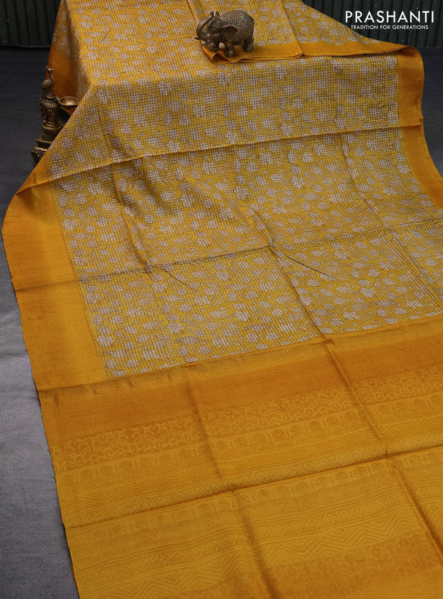 Pure tussar silk saree mustard yellow with allover floral prints and printed border