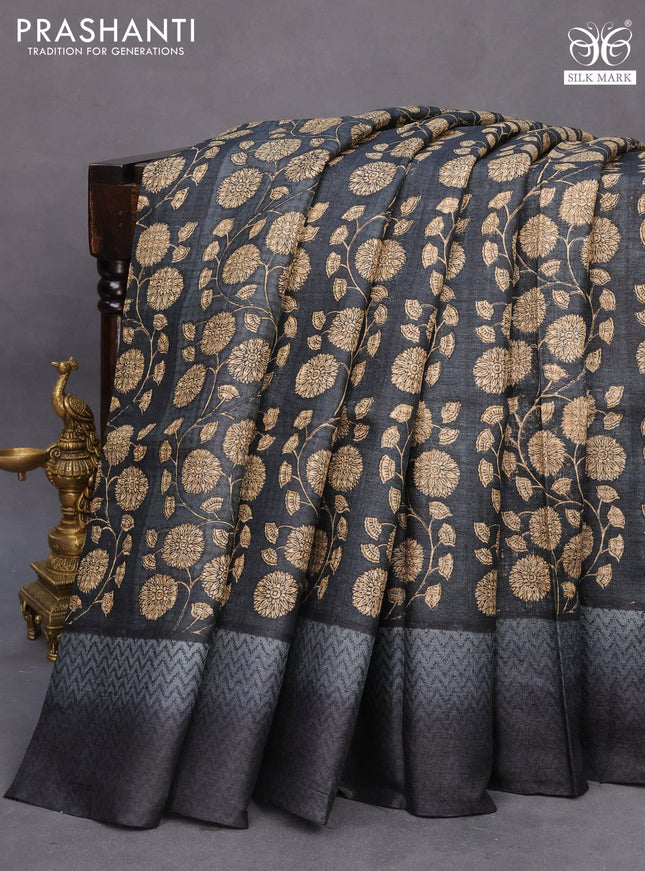 Pure tussar silk saree black and grey with allover floral prints and printed border