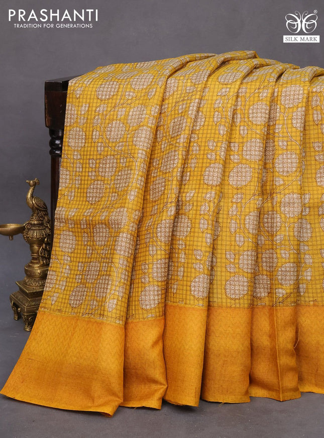 Pure tussar silk saree yellow and mustard yellow with allover floral prints and printed border