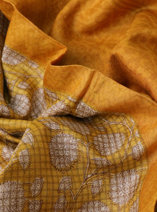Pure tussar silk saree yellow and mustard yellow with allover floral prints and printed border