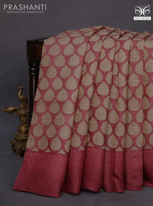 Pure tussar silk saree pastel maroon and maroon with allover butta prints and printed border