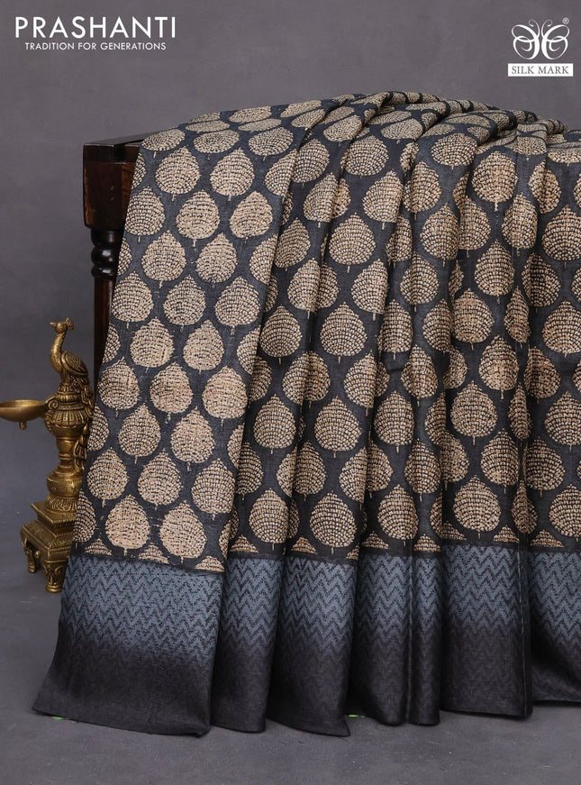 Pure tussar silk saree black and grey with allover butta prints and printed border