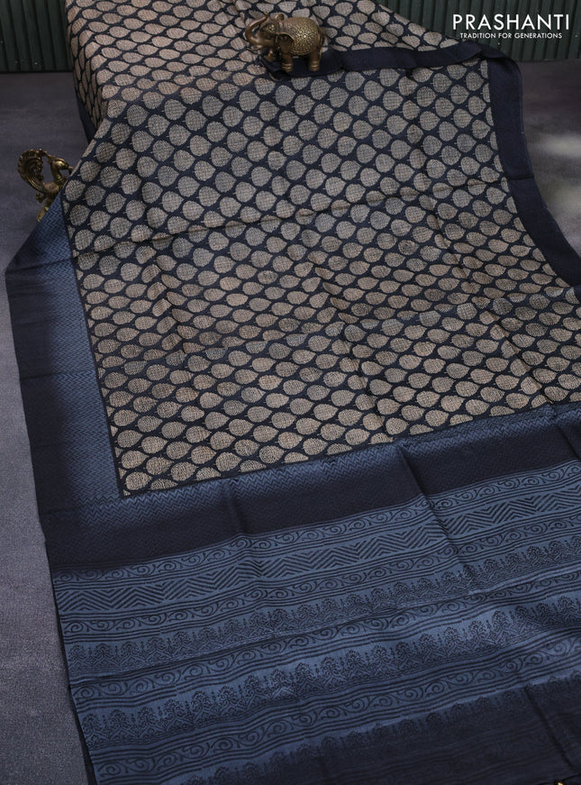 Pure tussar silk saree black and grey with allover butta prints and printed border