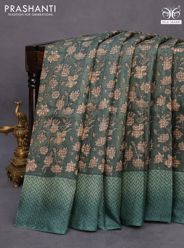 Pure tussar silk saree dark green with allover floral prints and printed border