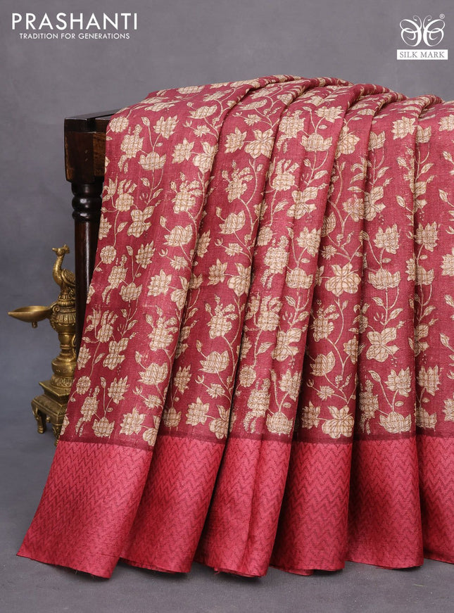 Pure tussar silk saree maroon shade with allover floral prints and printed border