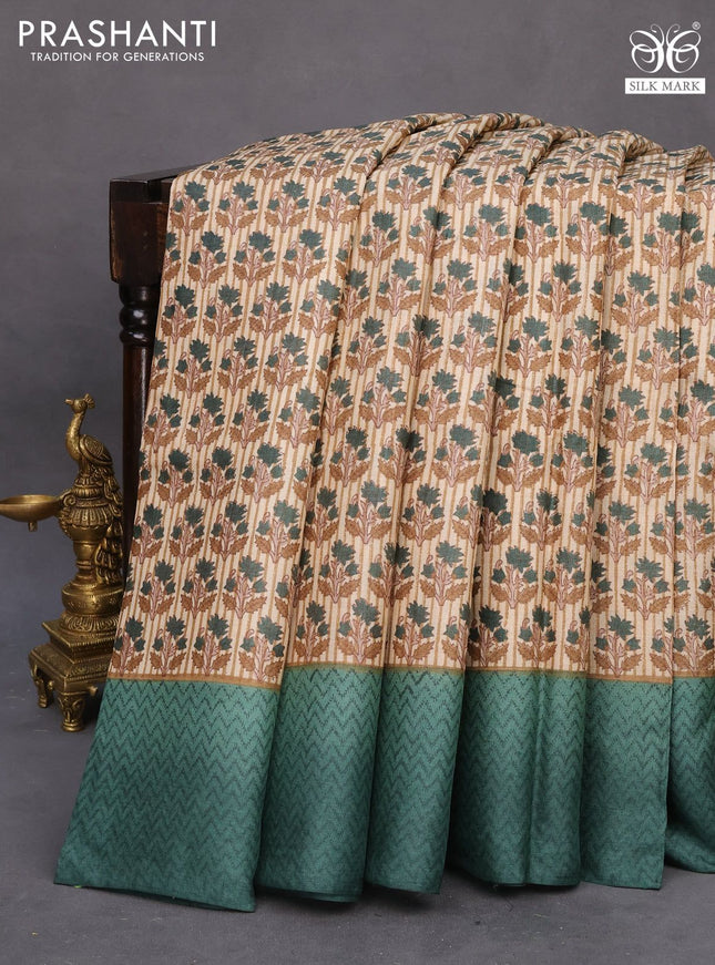 Pure tussar silk saree beige and green shade with allover butta prints and printed border
