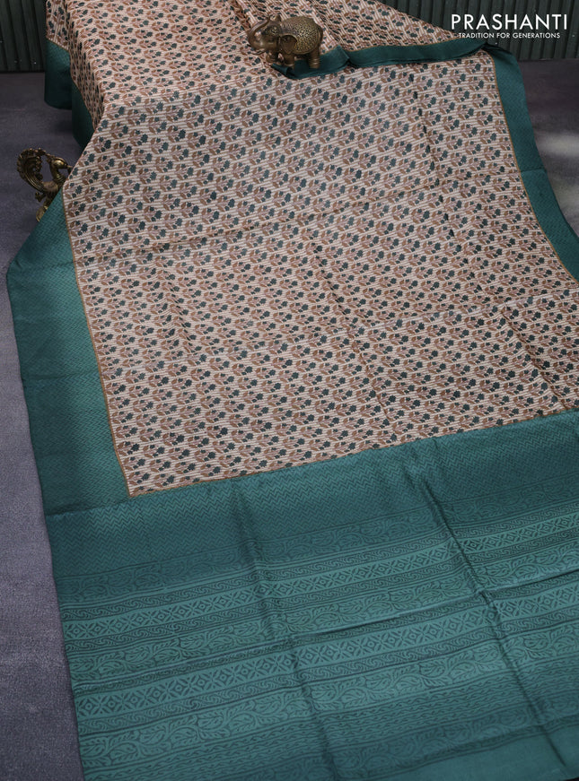 Pure tussar silk saree beige and green shade with allover butta prints and printed border