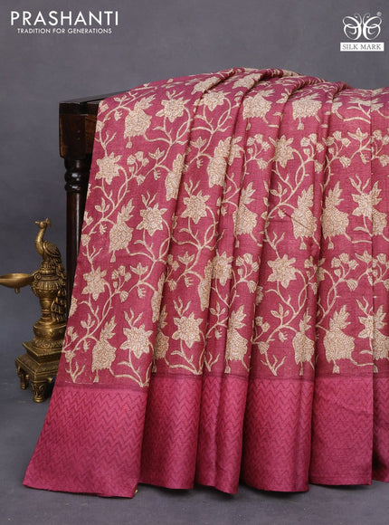Pure tussar silk saree maroon with allover floral prints and printed border