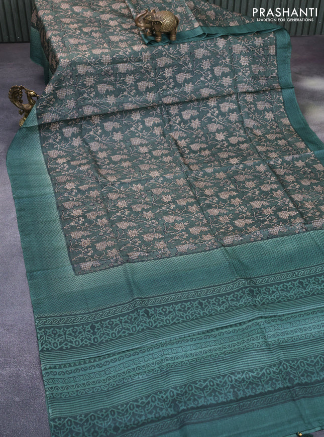 Pure tussar silk saree green shade with allover floral prints and printed border
