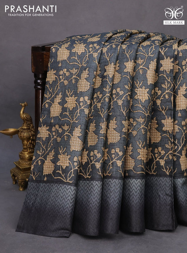 Pure tussar silk saree grey with allover floral prints and printed border