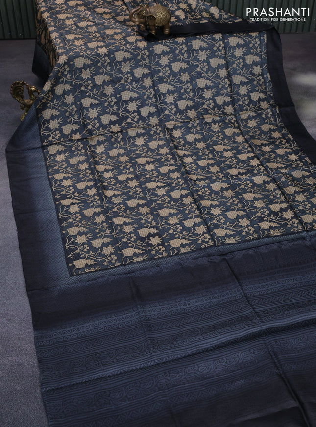 Pure tussar silk saree grey with allover floral prints and printed border