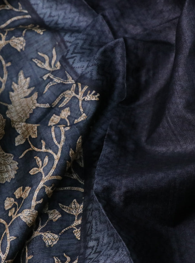 Pure tussar silk saree grey with allover floral prints and printed border