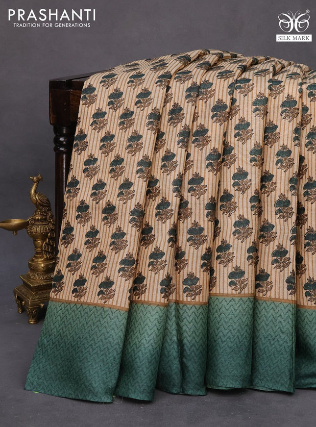 Pure tussar silk saree beige and green shade with allover floral butta prints and printed border