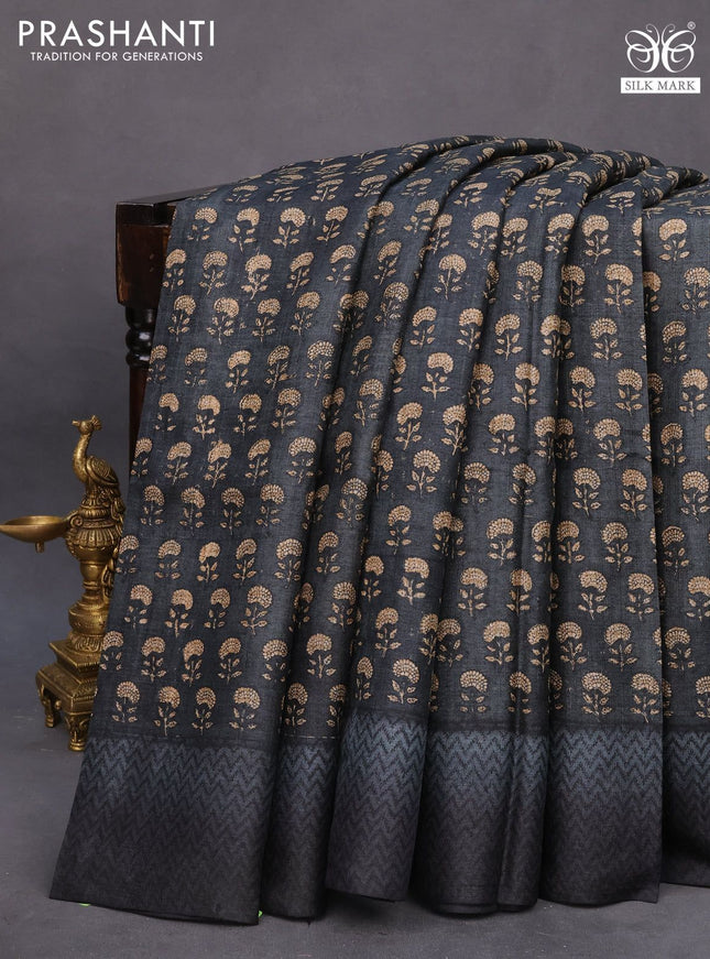 Pure tussar silk saree dark grey and black grey with allover floral butta prints and printed border