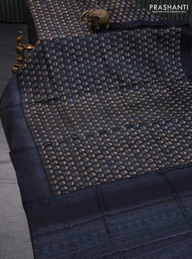 Pure tussar silk saree dark grey and black grey with allover floral butta prints and printed border
