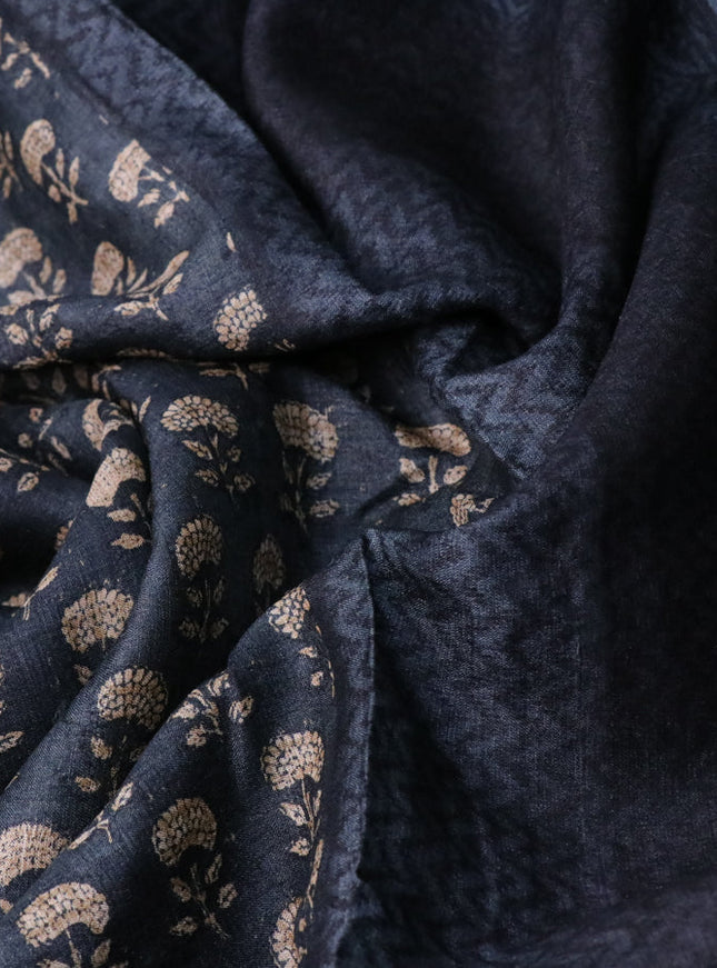 Pure tussar silk saree dark grey and black grey with allover floral butta prints and printed border