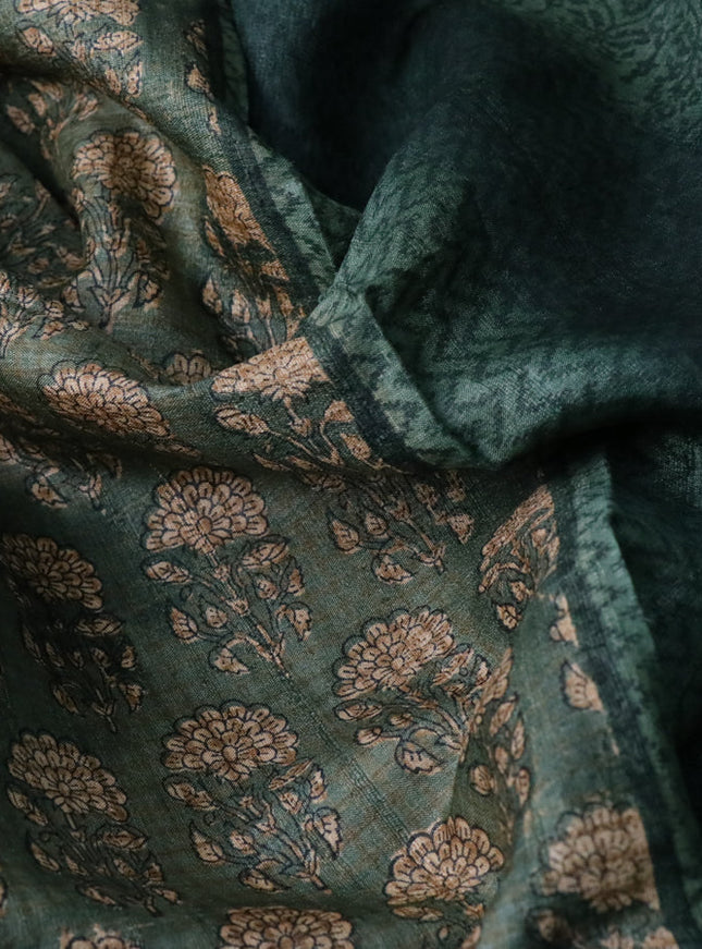 Pure tussar silk saree sap green shade with allover floral butta prints and printed border