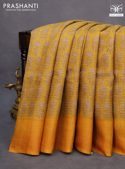 Pure tussar silk saree mustard yellow with allover floral butta prints and printed border