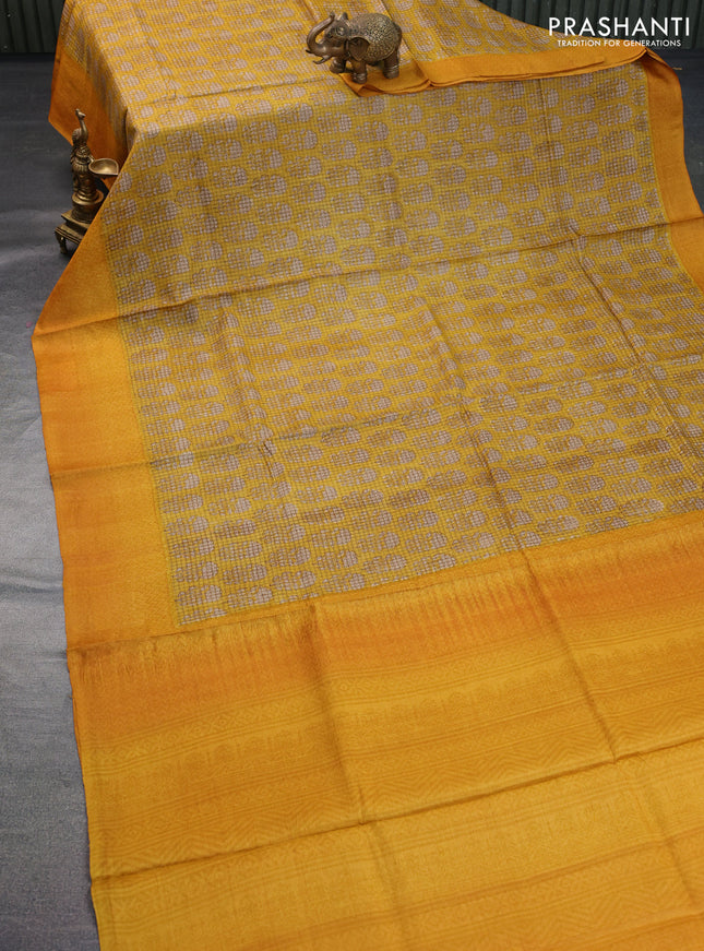 Pure tussar silk saree mustard yellow with allover floral butta prints and printed border