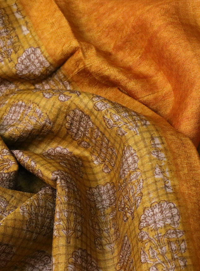Pure tussar silk saree mustard yellow with allover floral butta prints and printed border