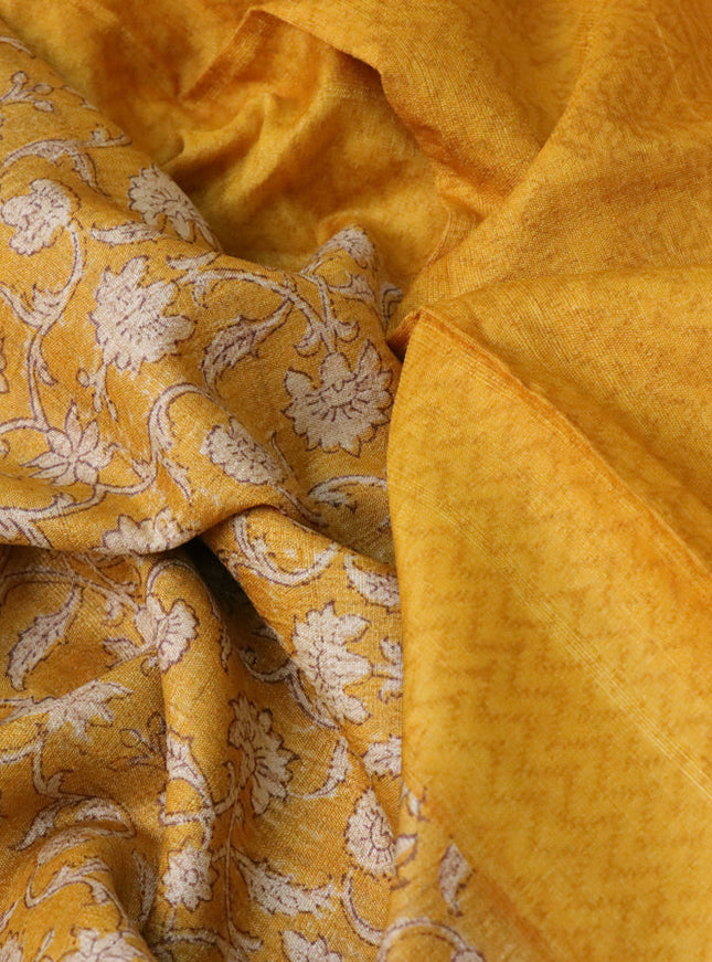 Pure tussar silk saree mustard yellow with allover floral prints and printed border
