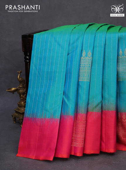 Pure soft silk saree dual shade of teal blue and dual shade of pinkish orange with allover zari weaves and silver zari woven border