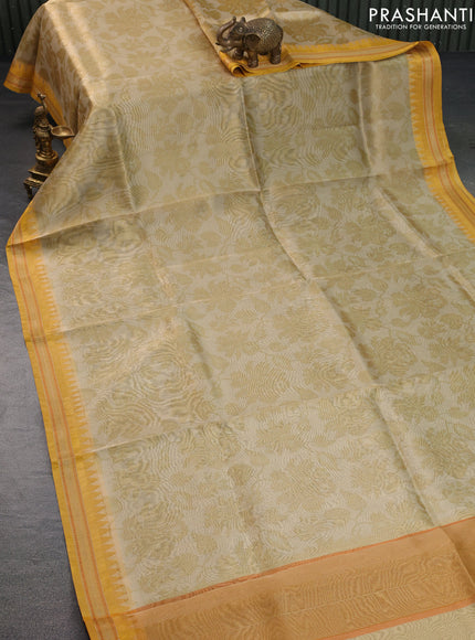 Tissue saree beige and mustard yellow with allover floral digital prints and temple design zari woven border