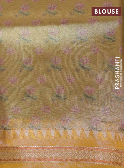 Tissue saree beige and mustard yellow with allover floral digital prints and temple design zari woven border