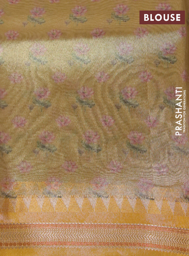 Tissue saree beige and mustard yellow with allover floral digital prints and temple design zari woven border