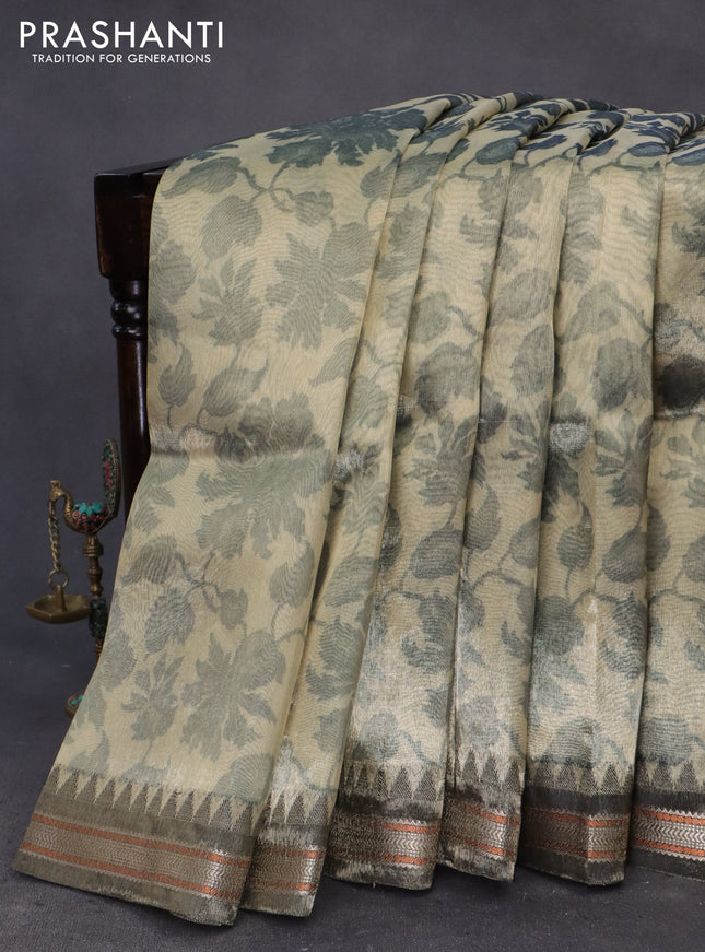 Tissue saree sandal and grey with allover floral digital prints and temple design zari woven border