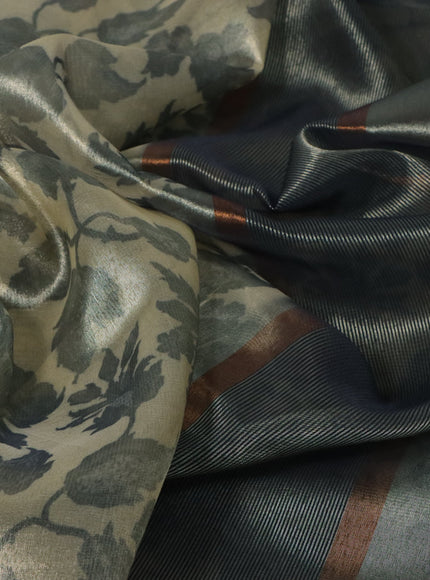 Tissue saree sandal and grey with allover floral digital prints and temple design zari woven border