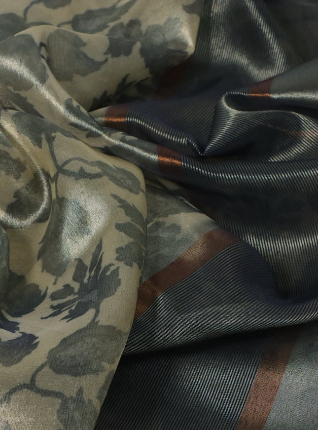 Tissue saree sandal and grey with allover floral digital prints and temple design zari woven border