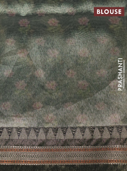 Tissue saree sandal and grey with allover floral digital prints and temple design zari woven border