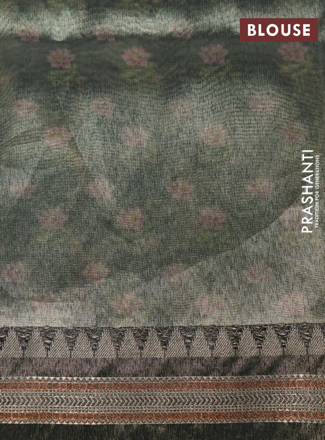 Tissue saree sandal and grey with allover floral digital prints and temple design zari woven border