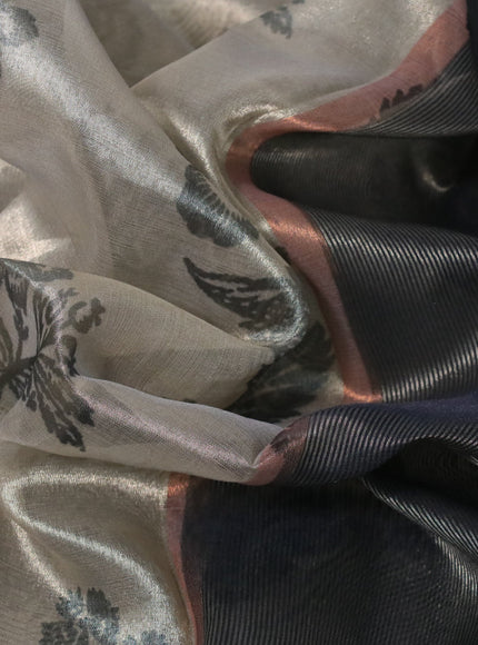 Tissue saree beige and black with allover floral digital prints and temple design zari woven border