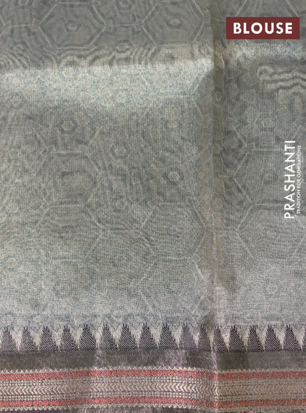 Tissue saree beige and black with allover floral digital prints and temple design zari woven border