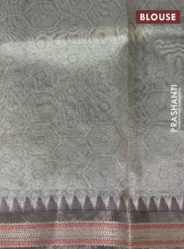Tissue saree beige and black with allover floral digital prints and temple design zari woven border