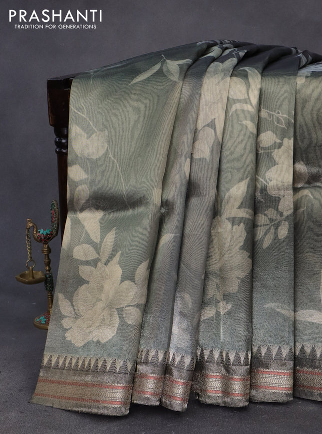 Tissue saree grey shade and black with allover floral digital prints and temple design zari woven border